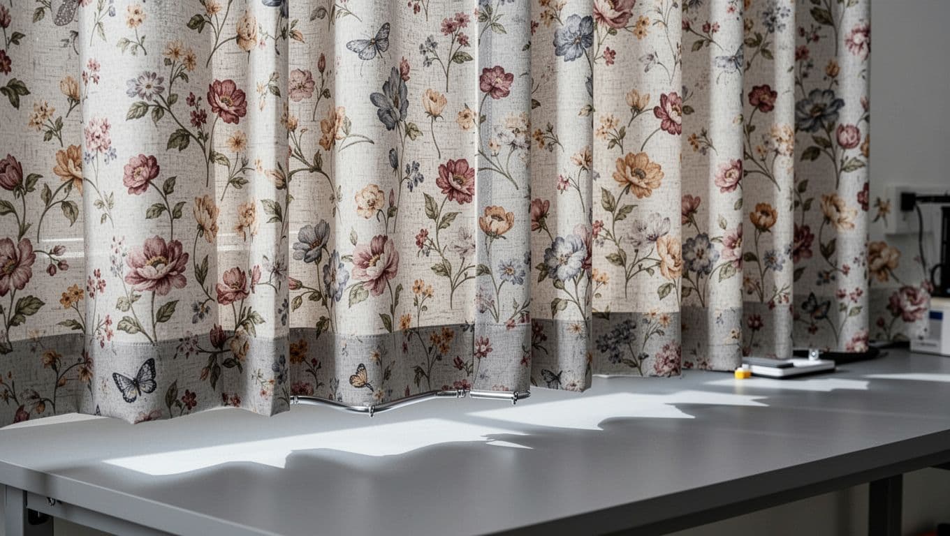 窗簾褶子越多越貴嗎?褶比如何影響視覺與用布 Close-up detail of curtain fabric highlighting seamless pattern matching without breaks, natural seam positions, lead weights for straight hem, and fixed立体 pleats. Natural light emphasizes shadows, textures, with fabric draping from rod on light gray workbench.