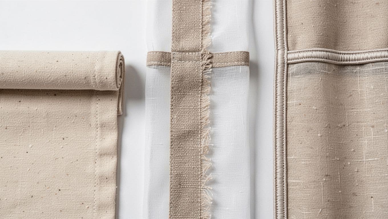 Close-up side-by-side comparison of rolled edge, wrapped edge, and piped edge finishing techniques on fabric swatches of various materials like thick cotton, thin sheer, and fray-prone fabrics, captured in bright studio lighting on a white background with a top-down view.