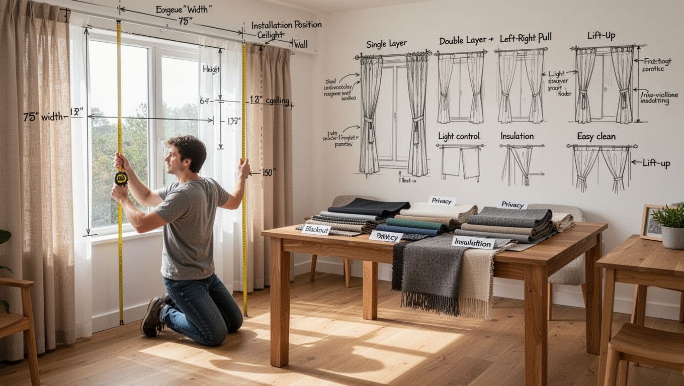 訂製窗簾不同房間要花多少?客廳臥室書房估算全指南 Realistic bright modern home interior illustrating curtain estimation: foreground person measuring window width, height, and position with tape measure; middle table with fabric samples for blackout, privacy, insulation; background sketches of curtain mechanisms like single/double layer, pull types.