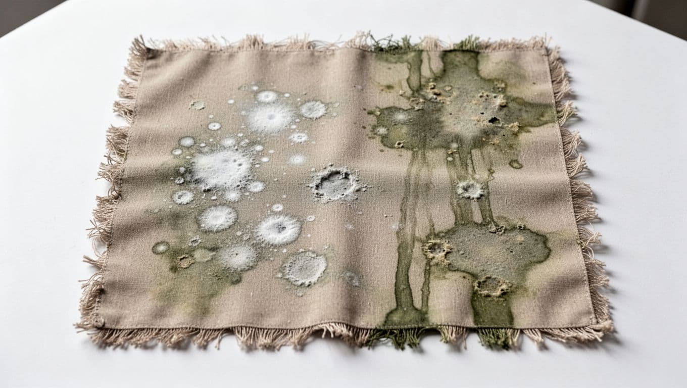 Realistic close-up of a single custom curtain fabric sample laid flat on a white surface, displaying chemical damage from cleaners: scattered white bleach spots, irregular faded patches from alkalis or alcohol, and streak marks on medium-colored fabric like beige or green.