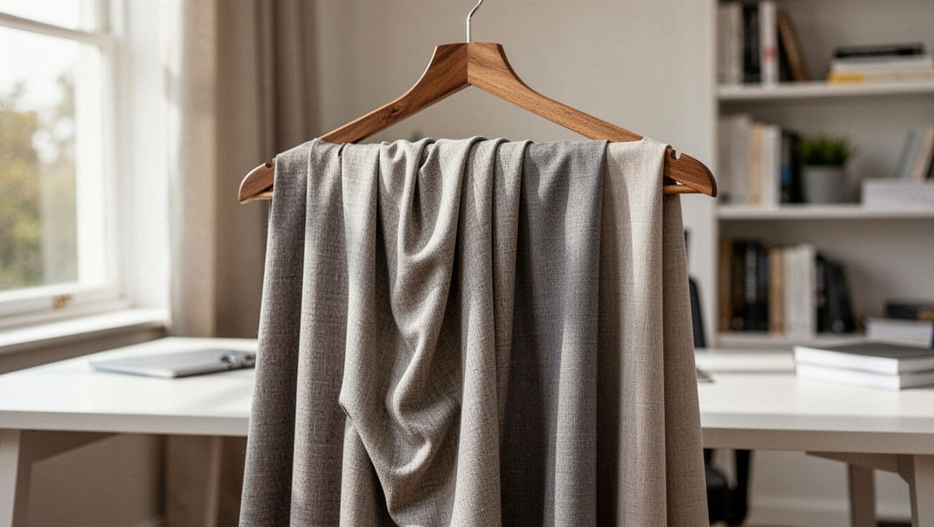 Close-up of several curtain fabric samples draped over a wooden hanger in a home office, with one showing poor drape and wrinkling while others hang smoothly, lit by natural daylight.