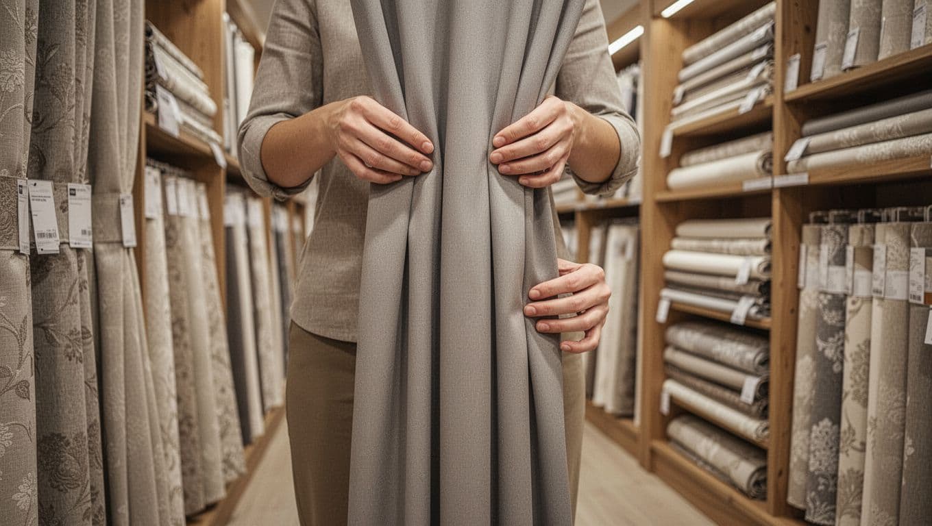 A realistic close-up in a fabric store shows a single person holding one end of heavy curtain fabric, letting it hang straight down to demonstrate smooth natural folds and perfect drape due to high density. Soft store lighting highlights the texture and lines against a background of neatly folded fabric bolts on wooden shelves.