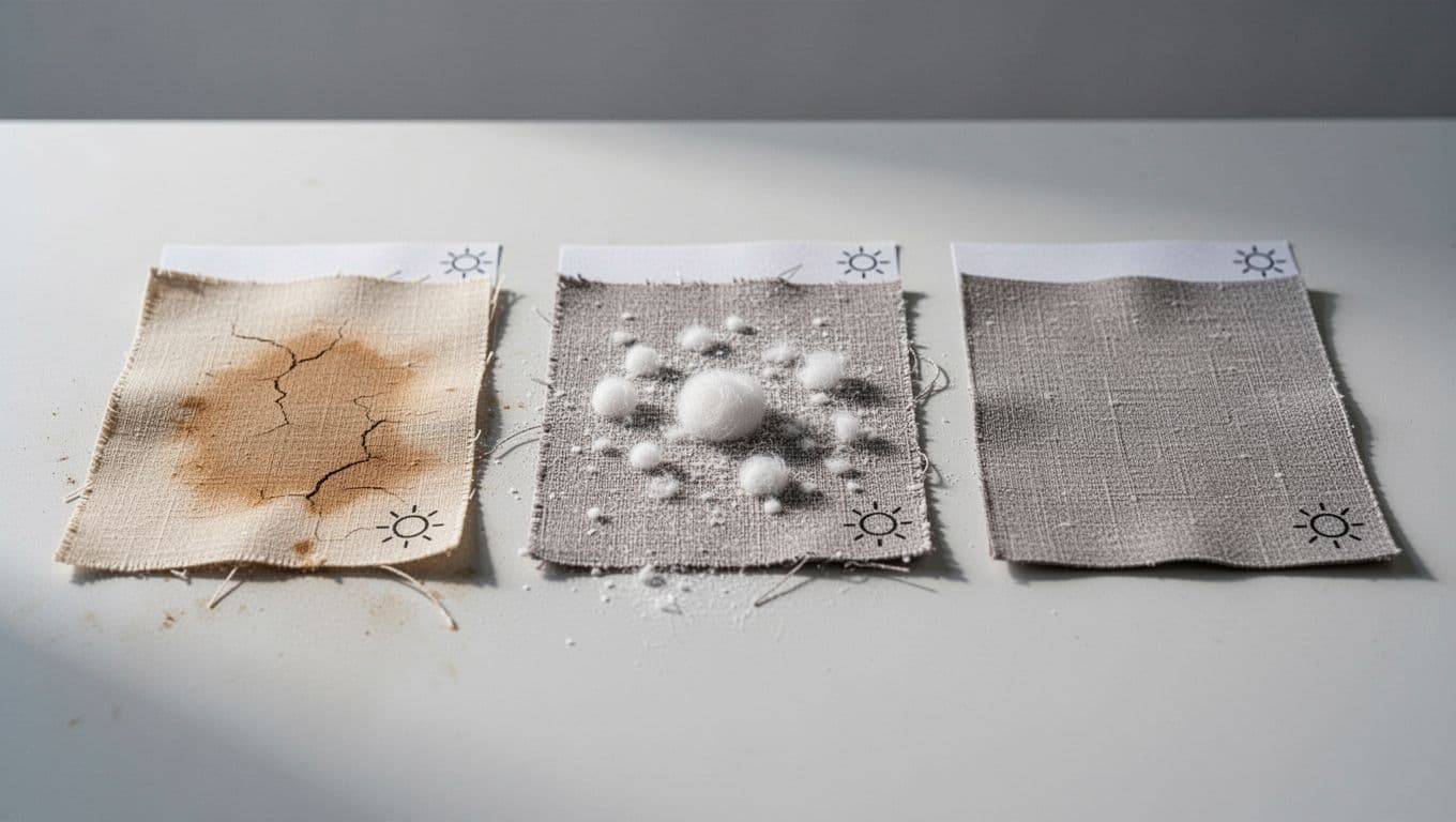 Close-up of curtain fabric samples on a light table showing durability differences: left slightly sun-faded, center pilled, right pristine, with high-detail textures and subtle icons.