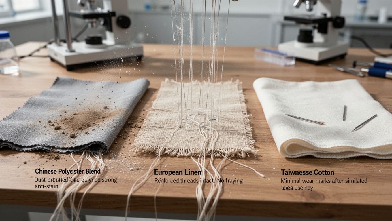 Photorealistic lab scene on a wooden table comparing exactly three curtain fabric swatches: Chinese polyester blend with anti-stain properties, European linen with intact reinforced fibers, and Taiwanese cotton showing minimal wear after tests.