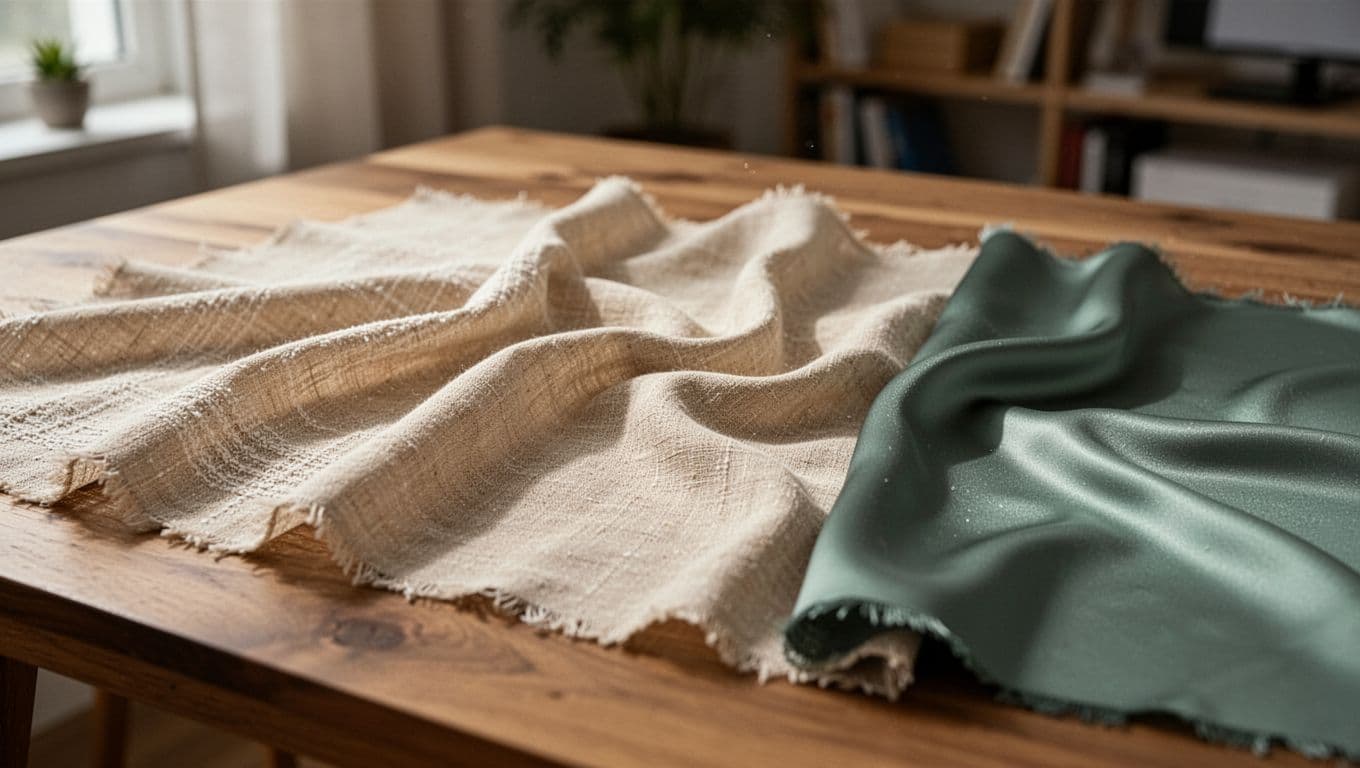 窗簾訂製預算表:入門到高規3種方案全指南 Close-up image of three curtain fabric samples—natural cotton, linen, and polyester—spread on a wooden table, highlighting their distinct textures, wrinkles, and sheen under soft natural light in a blurred home studio background.