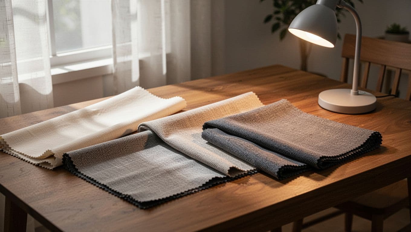 Three curtain fabric samples—cotton, polyester blend, and thick blackout cloth—are spread on a wooden table, one under natural window daylight and another under table lamp evening light, highlighting color and texture differences in a simple home environment.