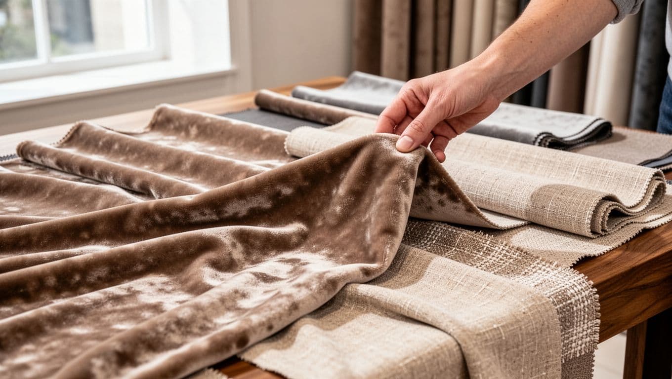 訂製窗簾高級感滿分:預算分配黃金比例 Close-up of various curtain fabric samples like taupe velvet, beige linen, and textured weaves on a wooden table, with one hand gently lifting a velvet sample to check texture and drape under natural daylight.