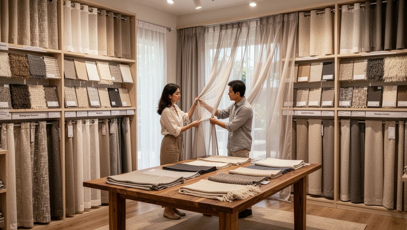 Spacious showroom with walls displaying various curtain fabric samples arranged by light transmission and drape quality, featuring one person comparing two samples for texture and translucency ideal for resort-style curtains. Warm ambient lighting enhances the inviting atmosphere.