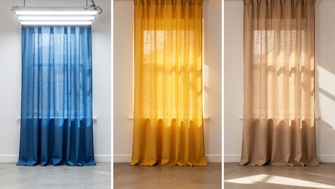 Photorealistic images of a curtain fabric swatch under bright fluorescent, warm incandescent, and natural daylight lighting, showing color shifts on clean white backgrounds.