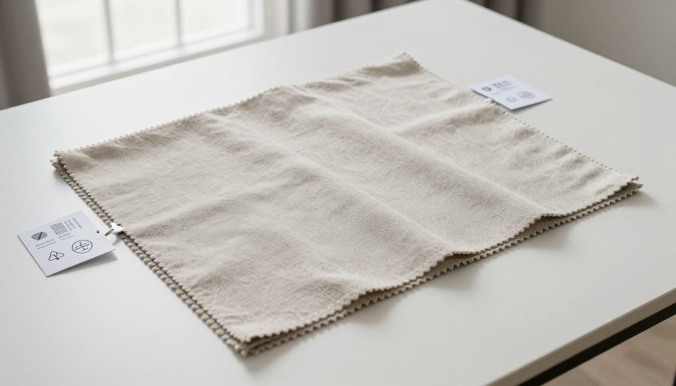 窗簾抗菌防霉布料加價多少?有必要升級嗎 Realistic image of a clean sample swatch of curtain fabric laid flat on a white table with attached certification tags showing abstract antibacterial and anti-mold test standard icons like checkmarks and lab symbols.