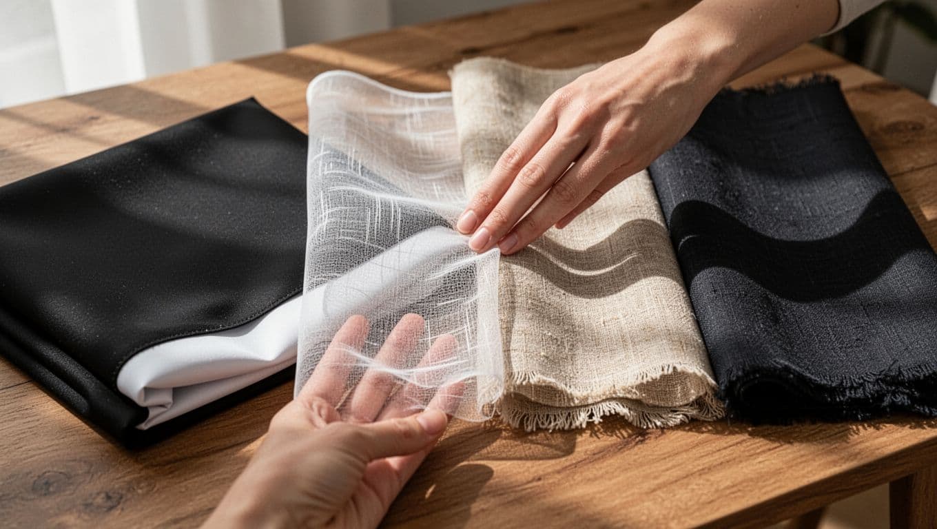 Photorealistic close-up on a wooden table under soft natural daylight showing four curtain fabric swatches: thick blackout with backing, ultra-thin sheer voile, medium-weight linen-like drape, and darker shade variant, with a hand gently touching the thick fabric to demonstrate feel and translucency differences.