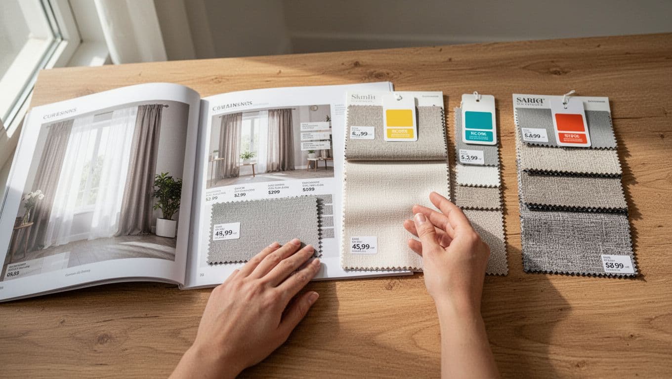 A wooden tabletop features open curtain catalogs and diverse fabric swatches spread side by side, with abstract colored price stickers and a relaxed hand nearby comparing textures under bright natural window light in a clean minimalist flat lay style.