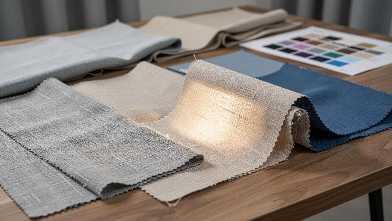 訂製窗簾合約要寫什麼?尺寸材質時間全條款,避免爭議 Close-up view of various curtain fabric swatches laid out on a wooden table, showing different textures, thicknesses, and subtle color variations like light gray, beige, and blue. Detailed photorealistic product photography with natural lighting and soft glow demonstrating light transmission.