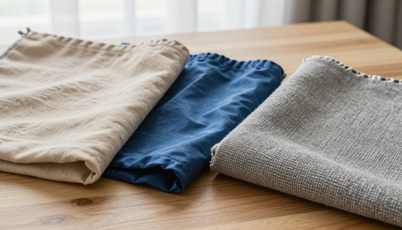 Realistic close-up of three curtain fabric swatches on a light wooden table: soft natural beige cotton, shiny deep blue polyester, and thick textured gray jacquard, illuminated by soft natural light highlighting tactile differences.