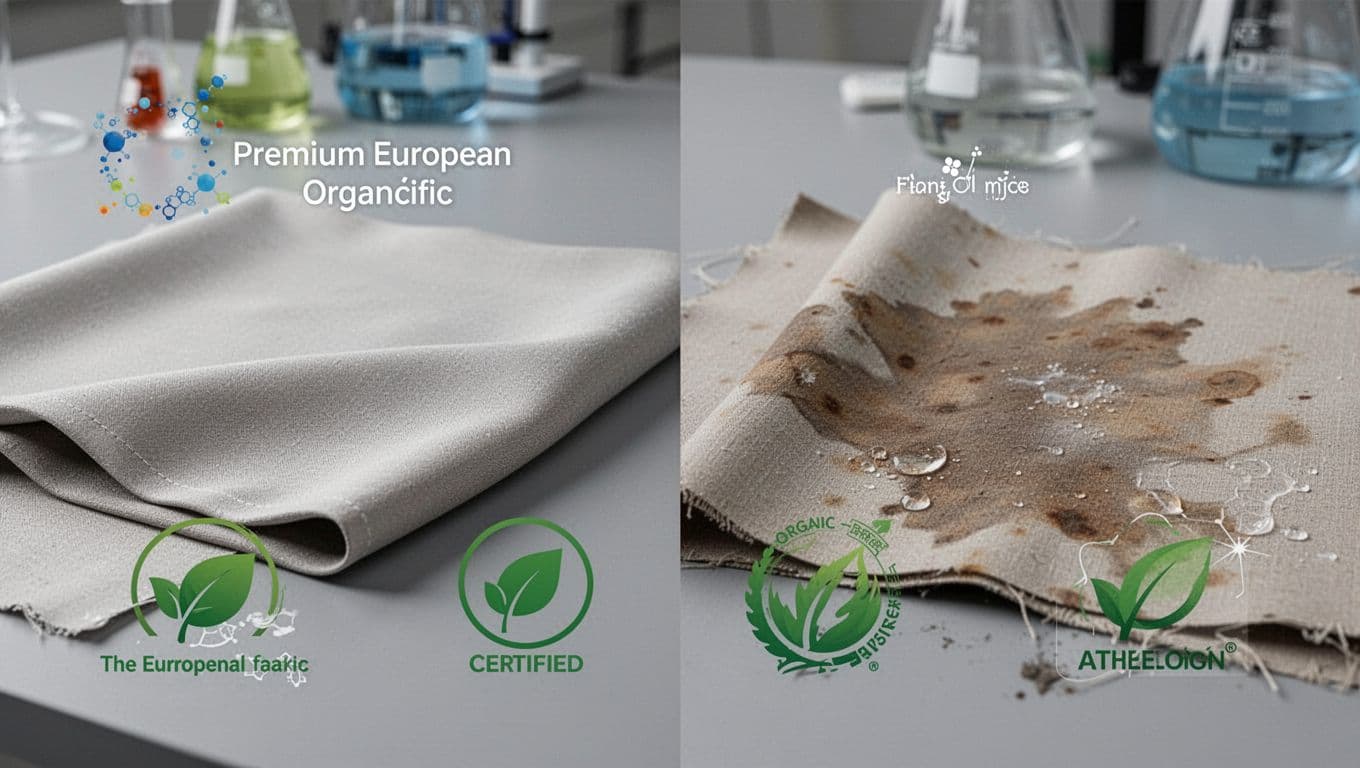 Detailed close-up of two curtain fabric swatches on a neutral gray surface contrasting premium European organic fabric with subtle green certification icons against fabric showing dye inconsistencies and chemical residues.