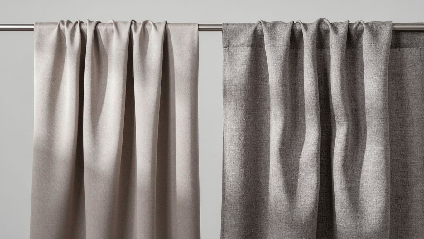 訂製窗簾想簡約?避開俗氣褶子的實用訣竅 Close-up side-by-side comparison of two curtain fabric swatches: left is soft and supple with natural drape, right is stiff and rigid with unnatural folds.