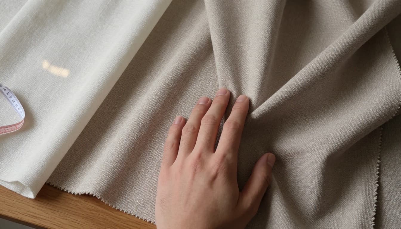 Close-up top-down view on a wooden table showing thin lightweight, medium density, and thick heavy custom curtain fabric swatches with a hand gently touching one sample and a measuring tape nearby. Soft overhead lighting casts shadows to reveal density differences, textures, and drape in realistic product photography style.