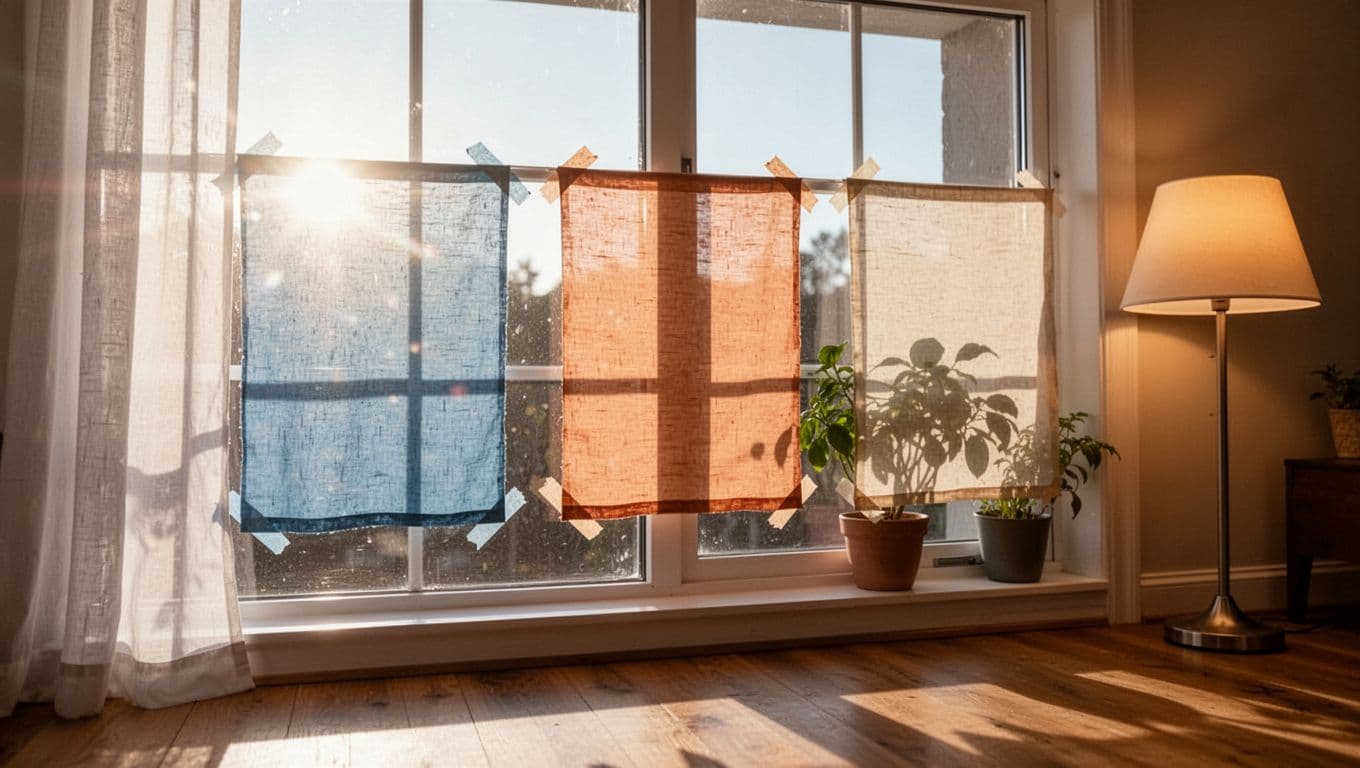 Close-up inside a living room window with three curtain fabric swatches taped to the glass, showing effects of morning sunlight glare, afternoon soft light warmth, and evening lamp illumination on colors and translucency.
