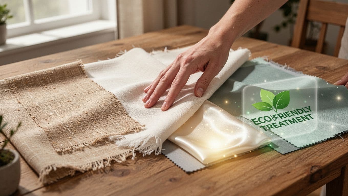 A close-up view of three curtain fabric swatches—cotton with natural texture, polyester with smooth sheen, and eco-friendly treated fabric—on a wooden table in a bright home studio, with a hand gently touching the cotton sample under soft natural daylight.
