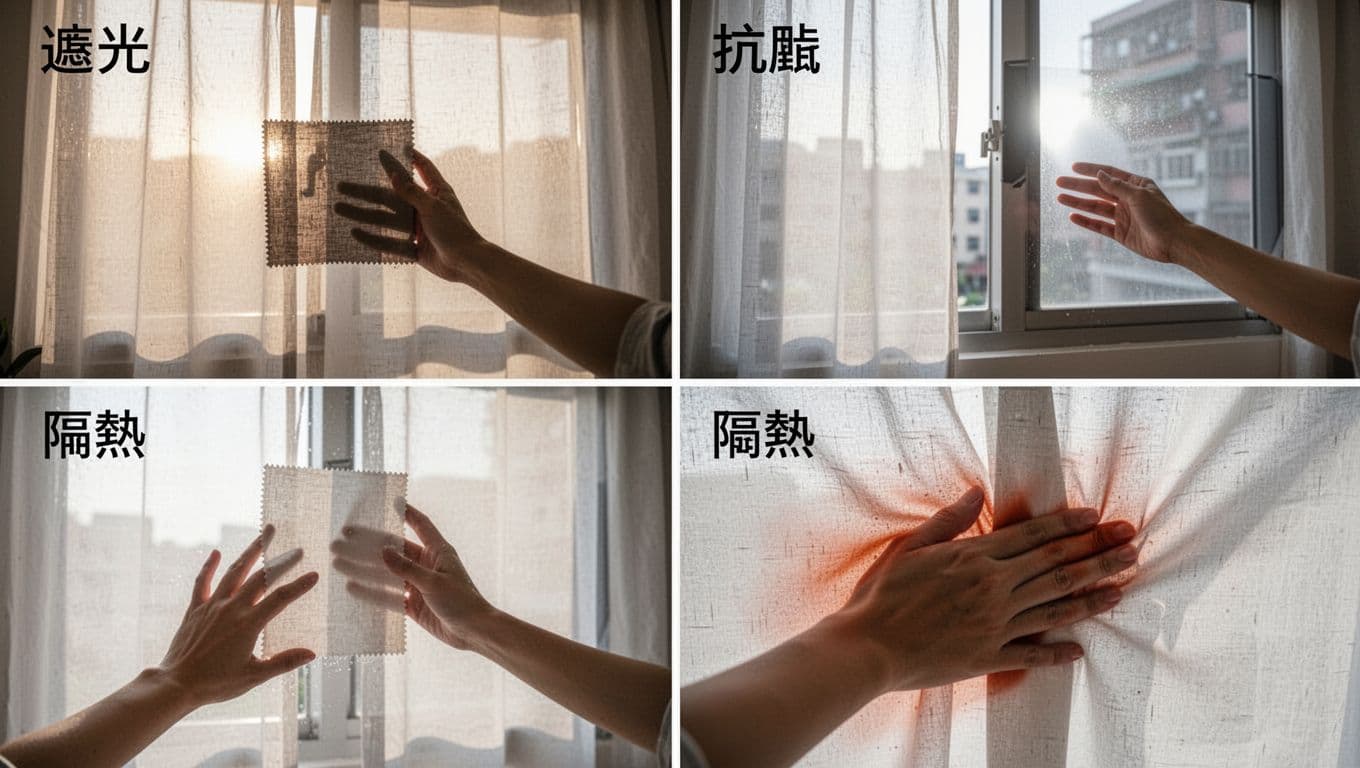Split composition of four curtain fabric tests at a home window: backlight silhouette for light blocking, glare check, heat insulation feel, and cleanability rub. Photorealistic Taiwanese apartment with natural daylight, hands only, detailed close-ups.