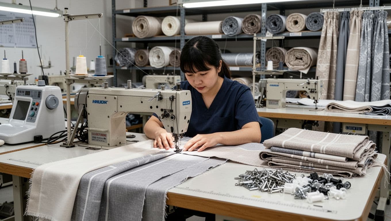 In a neat curtain factory sewing room, a focused worker operates a sewing machine on pre-cut fabric at the workbench, with an ironing machine, semi-finished curtains, and fabric rolls nearby under natural light.