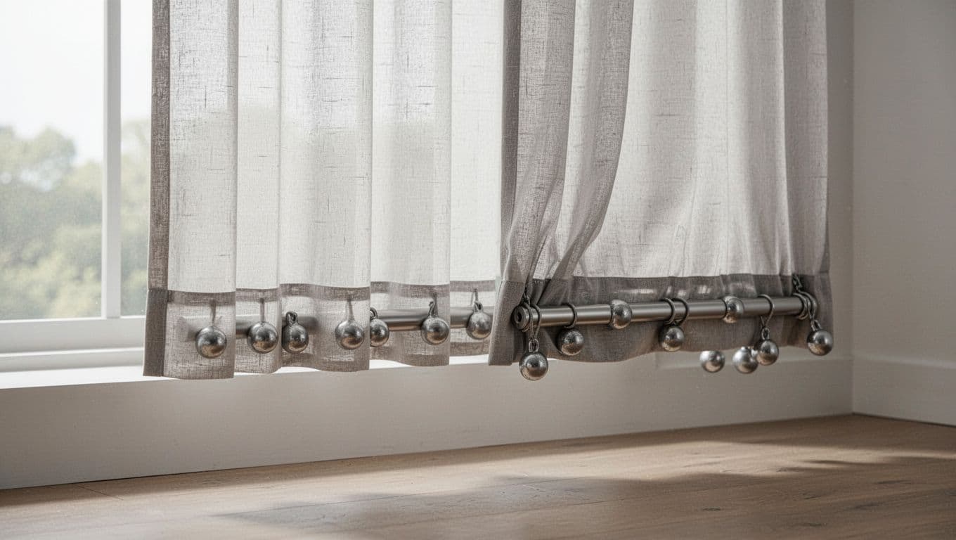 Photorealistic close-up of a custom curtain panel's bottom hem showing lead weights or bars. Left side has even weighting for smooth vertical drop without sway or wrinkles, right side uneven or heavy causing fabric pull and track strain, visible through semi-transparent fabric in natural indoor light.