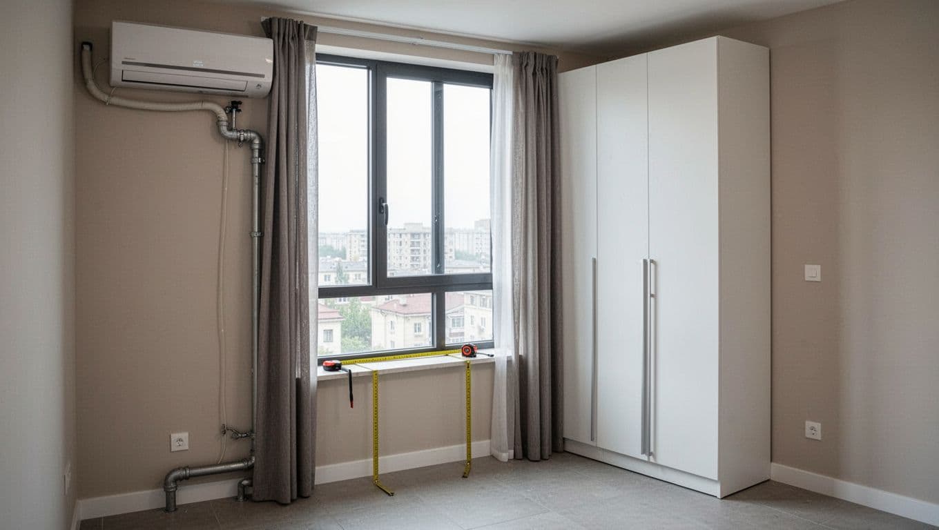 訂製窗簾想控制預算,先決定這 3 件事 Floor-to-ceiling residential window next to wall-mounted air conditioner with pipes and tall white wardrobe blocking curtain path, with tape measure on sill for measurements in empty modern room.