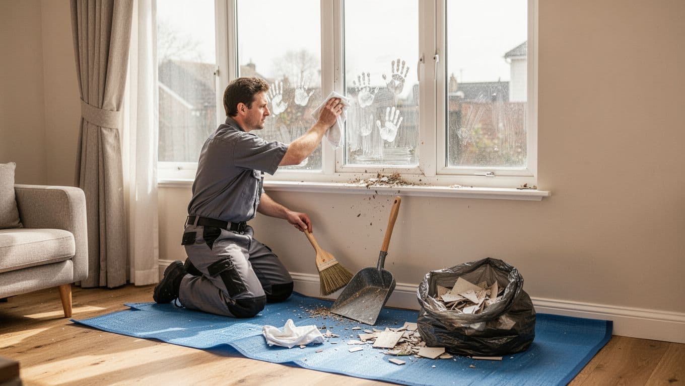 Bright residential living room after custom curtain installation cleanup, featuring one worker kneeling by the window wiping handprints with a cloth and sweeping debris with a dustpan into a nearby trash bag on protective blue mats.