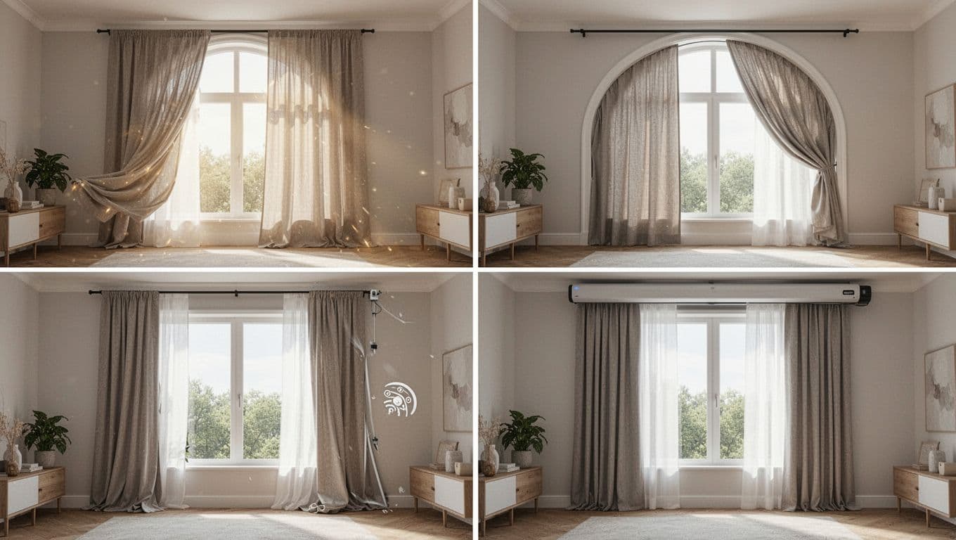 Split-view illustration in a modern home comparing common custom curtain mistakes on the left, ill-fitting straight curtains on arched windows and drooping heavy curtains on weak tracks, with perfect installations on the right using tailored curved curtains and robust motorized tracks for full insulation.