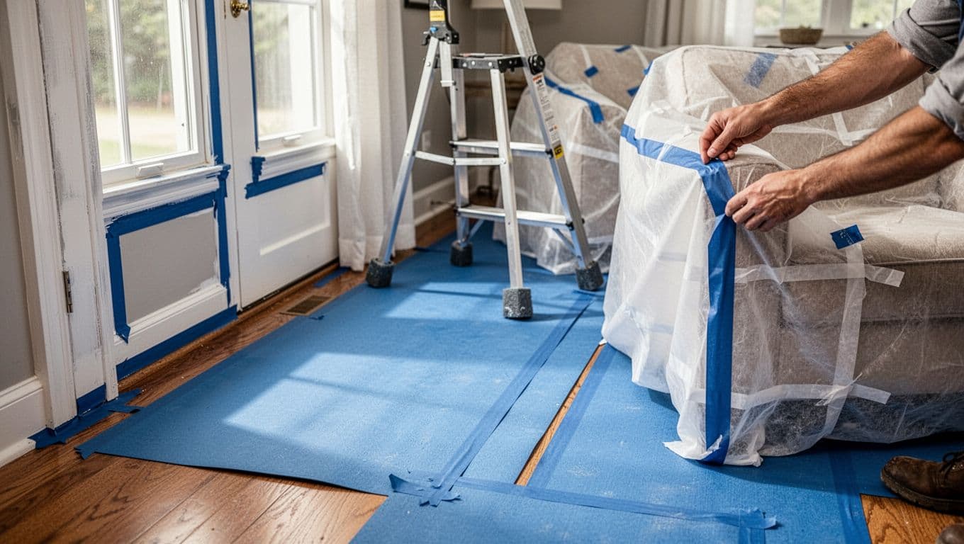 Close-up in a residential living room showing prep for curtain installation: blue protective mats covering wooden floor, painter's tape on walls and frames, ladder on mats, furniture under dust sheets, hands adjusting tape, soft daylight, clean and precise.
