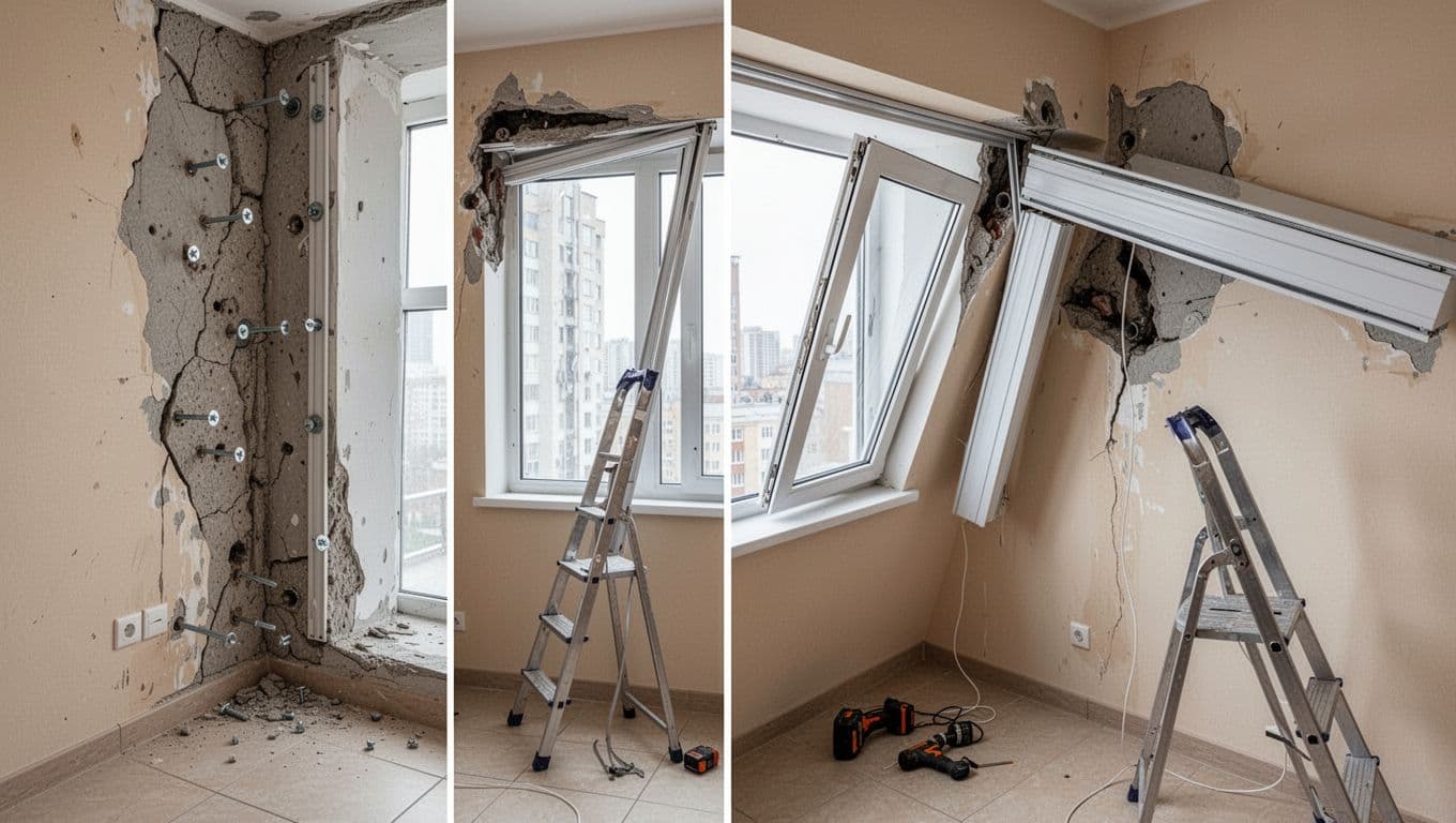 Photorealistic close-up of curtain installation failures in a typical apartment bedroom window, featuring loose screws in weak crumbling walls, crooked tilted frame with uneven track, and bending thin curtain box. Neutral beige interior, tiled floor, daylight, ladder and tools nearby, no people.