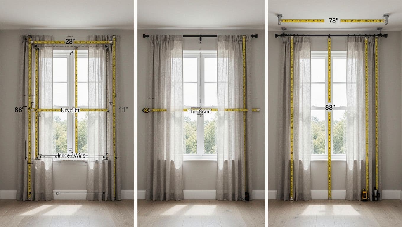 Photorealistic modern home interior displaying inside mount, outside mount, and ceiling track curtain installations side by side on three windows with measurement tapes.