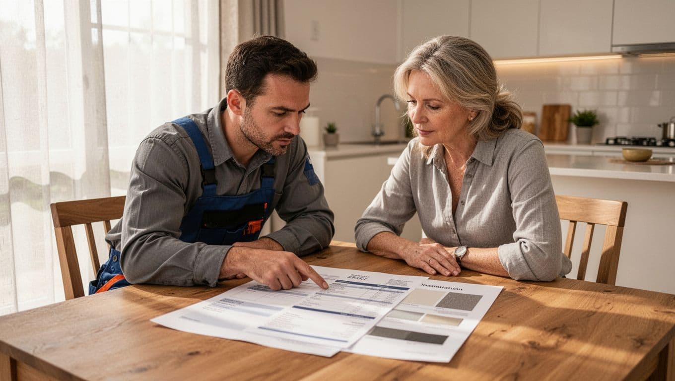 A professional curtain installer and homeowner lean over a printed quote document at a wooden dining table in a bright modern kitchen, with one pointing to details amid warm sunlight from sheer-curtained windows.