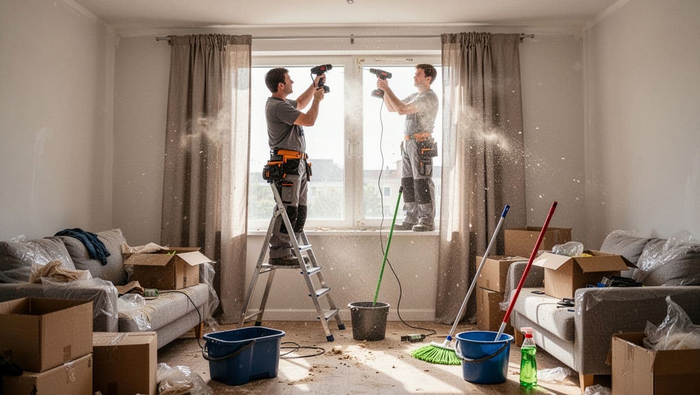 Realistic photo of one installer in work clothes on a ladder, relaxed posture holding electric drill near window frame during curtain installation in a newly moved-in apartment living room, with light dust, unpacked boxes, and cleaning supplies on the floor.