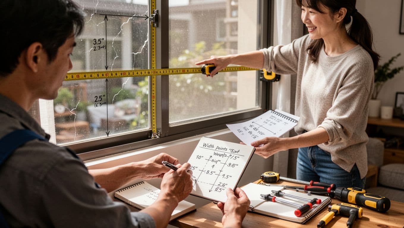 Photorealistic image of a professional curtain installer measuring a modern living room window in a cozy Taiwanese apartment during daytime, with one homeowner nearby pointing at notes and an open notebook showing measurements.