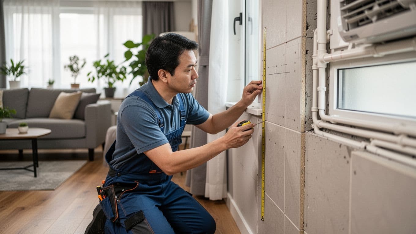 A professional curtain installer kneels next to a living room window, using a tape measure to inspect the tiled wall and frame for drilling spots near air conditioner pipes in a modern living room.