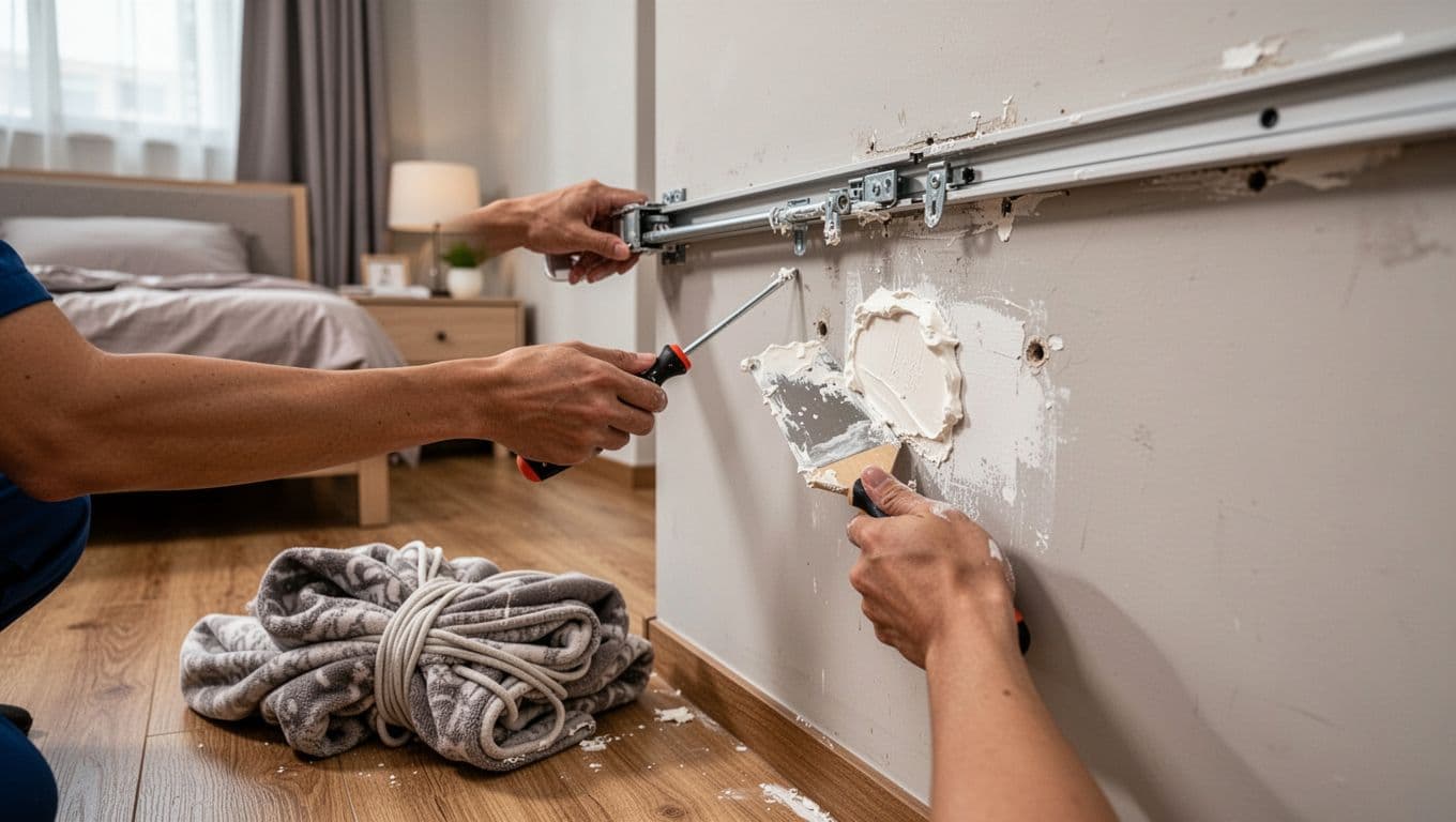訂製窗簾加價項目表:常見4大類一次清單掌握 Close-up of a single curtain installer in a modern Taiwanese bedroom carefully removing an old aluminum curtain track with a screwdriver and patching screw holes with white putty using a putty knife, with bundled old curtains on the wooden floor.