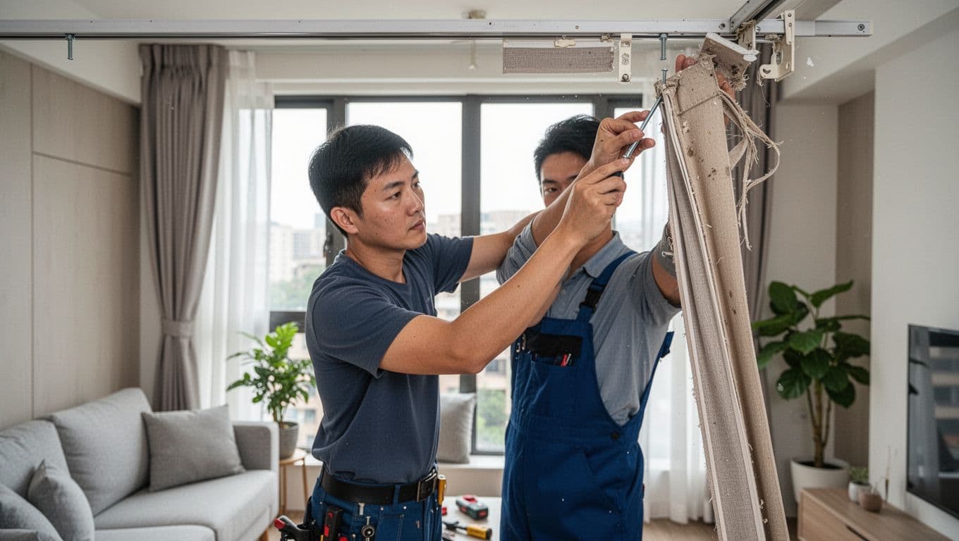A skilled curtain installer carefully unscrews and removes old curtain tracks in a bright modern living room, with simple furniture like sofa and plants in the background.
