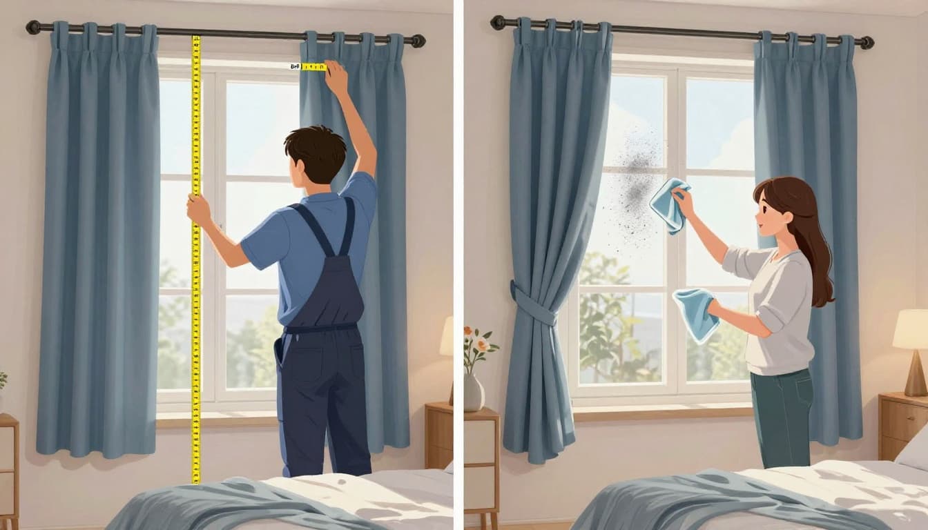 訂製窗簾不同房間要花多少?客廳臥室書房估算全指南 Split-view illustration depicting curtain measurement errors on the left with a worker comparing window frame sizes, and proper cleaning on the right with a housewife wiping dust; foreground bedroom window shows perfect versus skewed curtain drape.
