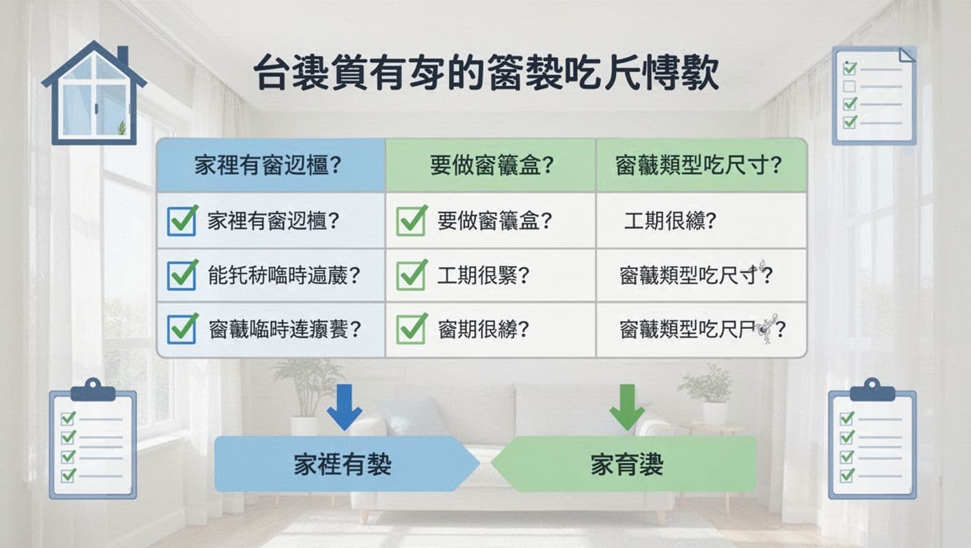 A simple, printable infographic in friendly modern flat style for deciding curtain ordering timing in home renovation, featuring five Chinese yes/no questions with checkboxes and outcome arrows directing to early or late ordering.