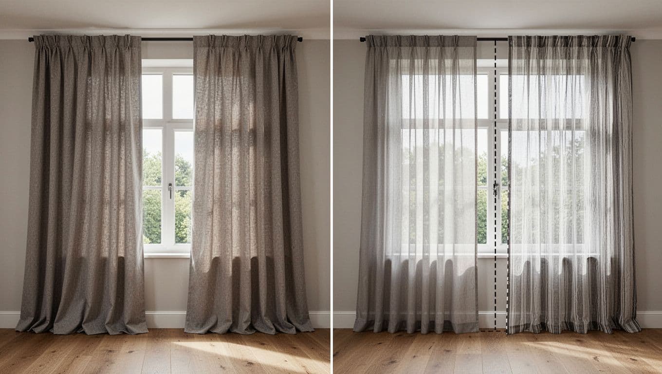 Photorealistic side-by-side comparison of custom curtains on wide windows in a natural daylight living room, showing thick fabric with high pleats for full waves versus sheer fabric with low pleats for flat drape, including a vertical splice seam on one wide curtain.