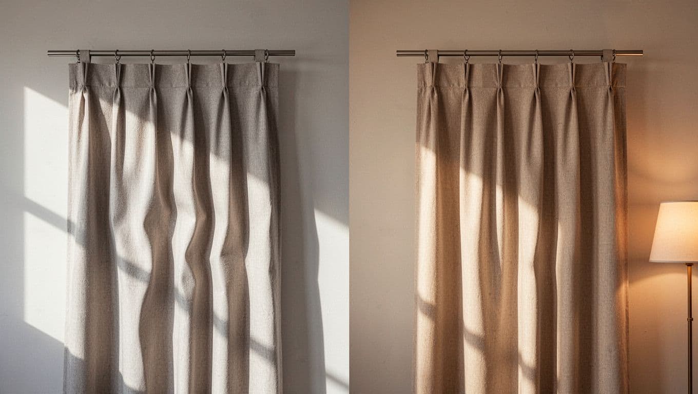 訂製窗簾想簡約?避開俗氣褶子的實用訣竅 Side-by-side comparison of a minimalist curtain panel under bright natural daylight (left) showing exaggerated pleat shadows and wavy distortions, and warm indoor lamp light (right) with softer shadows and less prominent waves.