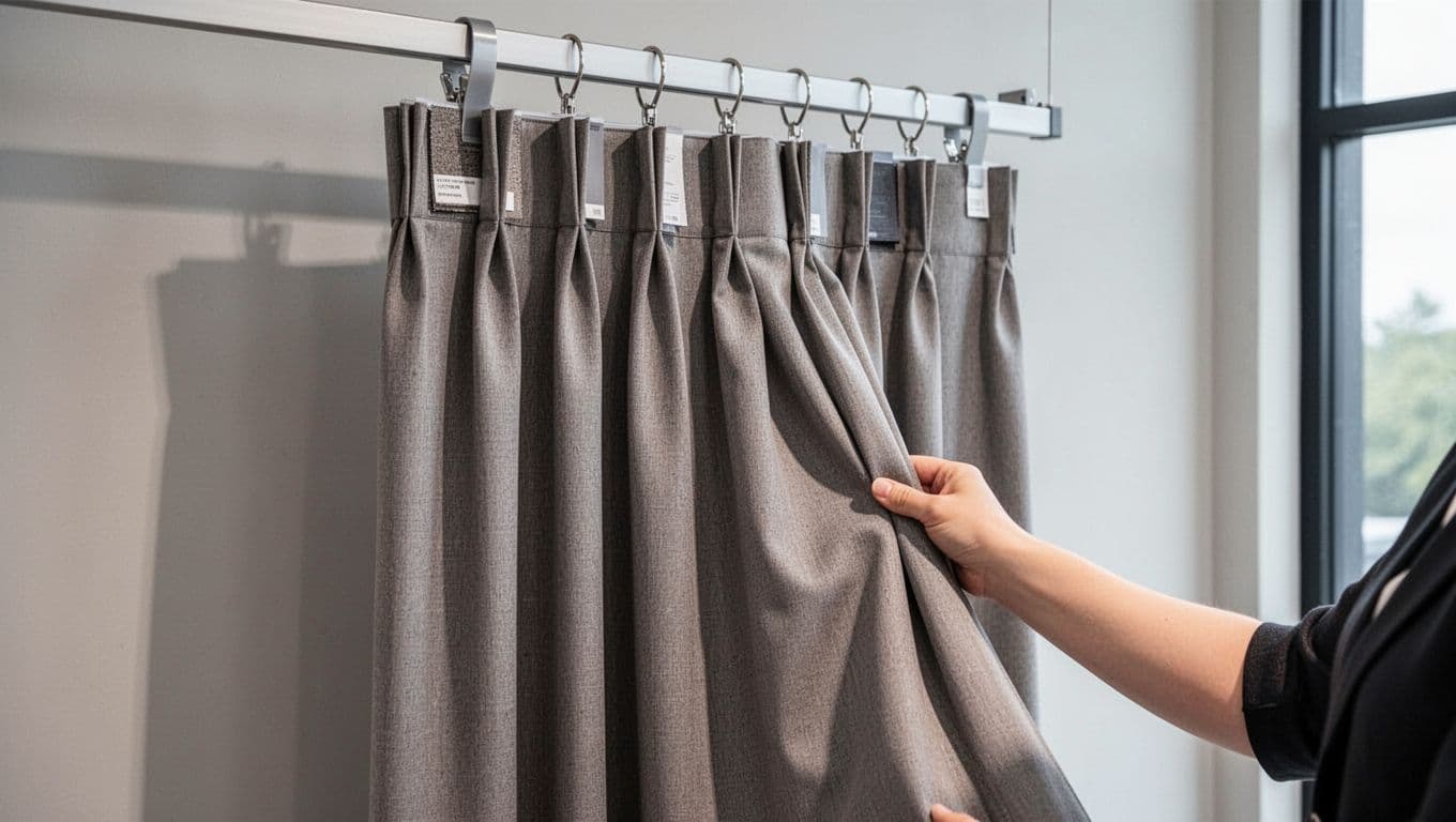 訂製窗簾想簡約?避開俗氣褶子的實用訣竅 A realistic showroom scene with a single curtain sample hanging on a track, viewed from the side to highlight pleat details, shadows, and fabric folds under neutral lighting, with one hand gently pulling the fabric.