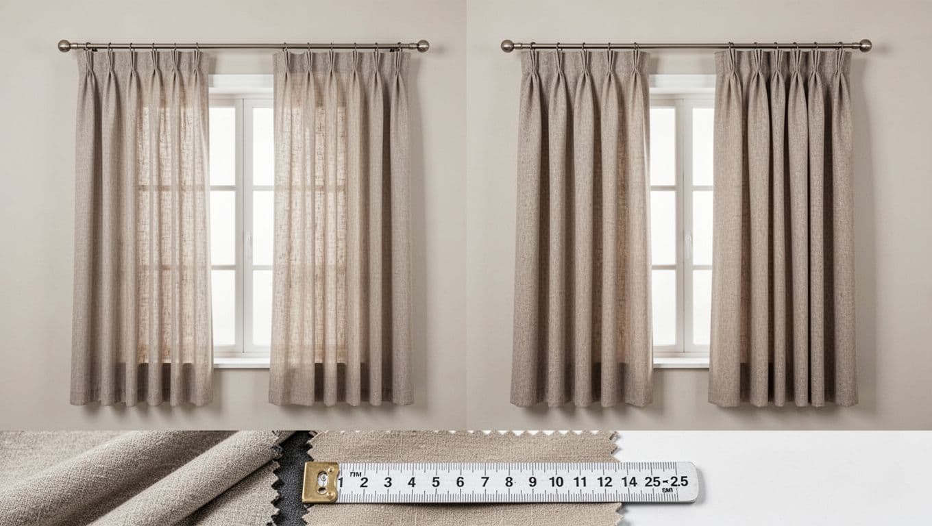 Close-up comparison of two identical windows with neutral fabric curtains: left shows sparse 1.5x pleats with flat drape and gaps, right displays lush 2.5x pleats with rich folds and no gaps. Foreground includes fabric swatch and measuring ruler.