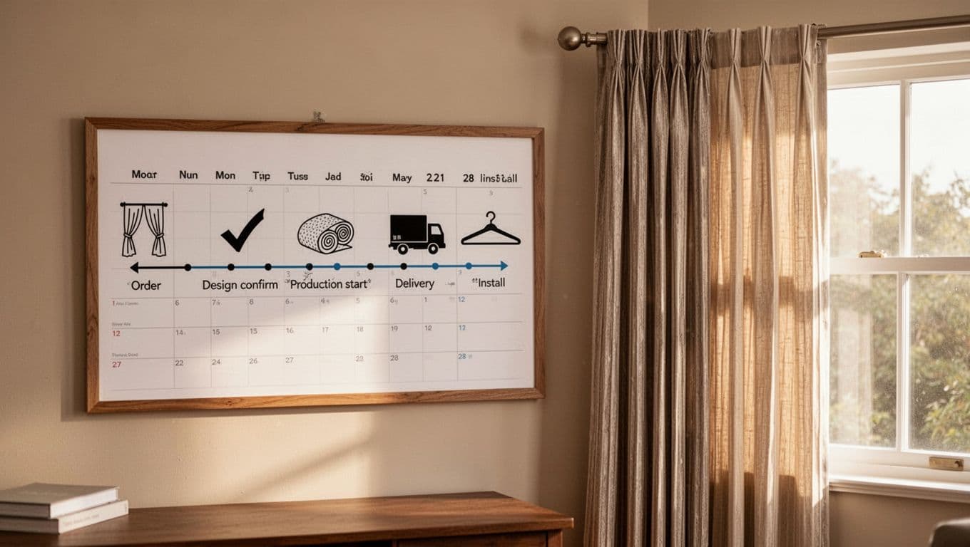 A realistic photo of a home office wall with a wooden-framed calendar showing a 28-day curtain production timeline using icons for order, design confirmation, production start, delivery, and installation. Beside it hangs a sample pleated curtain in front of a sunlit window, evoking an organized and reassuring mood with high detail and warm lighting.