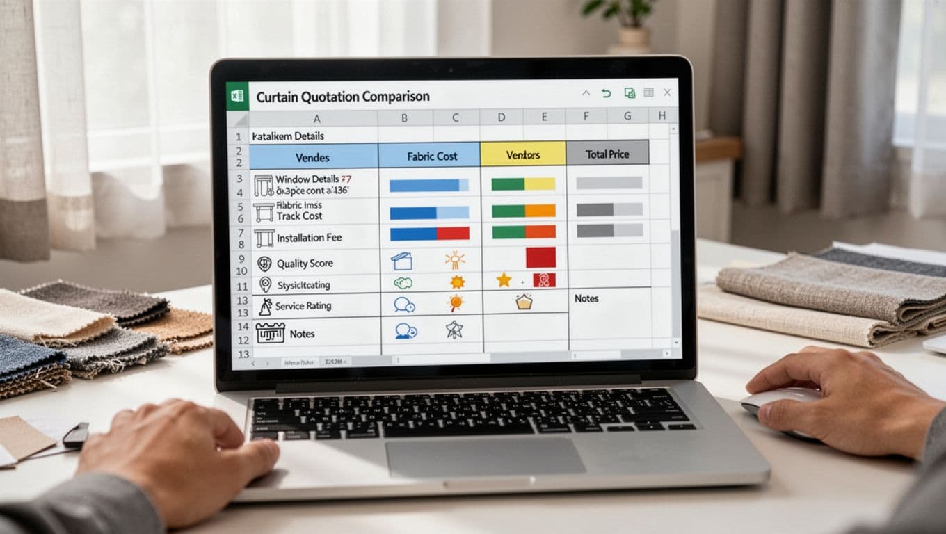 A realistic close-up of a laptop screen in a bright Taiwanese home office displaying an Excel spreadsheet comparing curtain quotations from three vendors, with simple colored bars, icons, and placeholders for data. Foreground shows keyboard and mouse, background features subtle home decor like fabric samples and a window.
