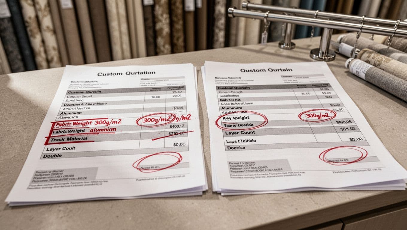 訂製窗簾最低價保證真假怎麼判斷?3步驟避開陷阱 Close-up realistic view of two custom curtain quotation sheets on a store counter, one marked with red pen highlights on fabric weight 300g/m2, aluminum track, and double layer specs. Soft lighting with blurred background of curtain fabrics and rails, photorealistic style focusing on documents.