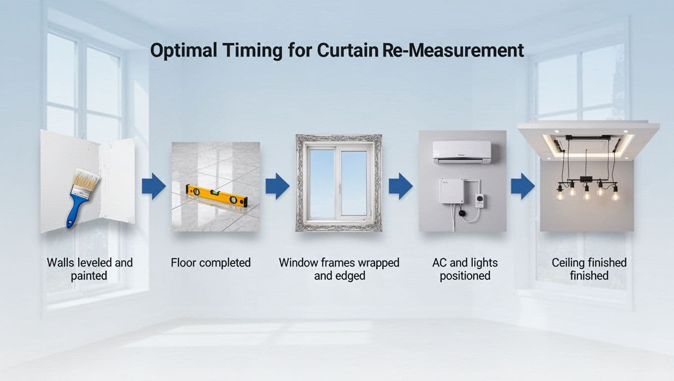 Clean horizontal timeline infographic in flat modern design illustrating five key stages for optimal curtain re-measurement during home renovation: leveled and painted walls, completed floor, edged window frames, positioned AC and lights, finished ceiling.