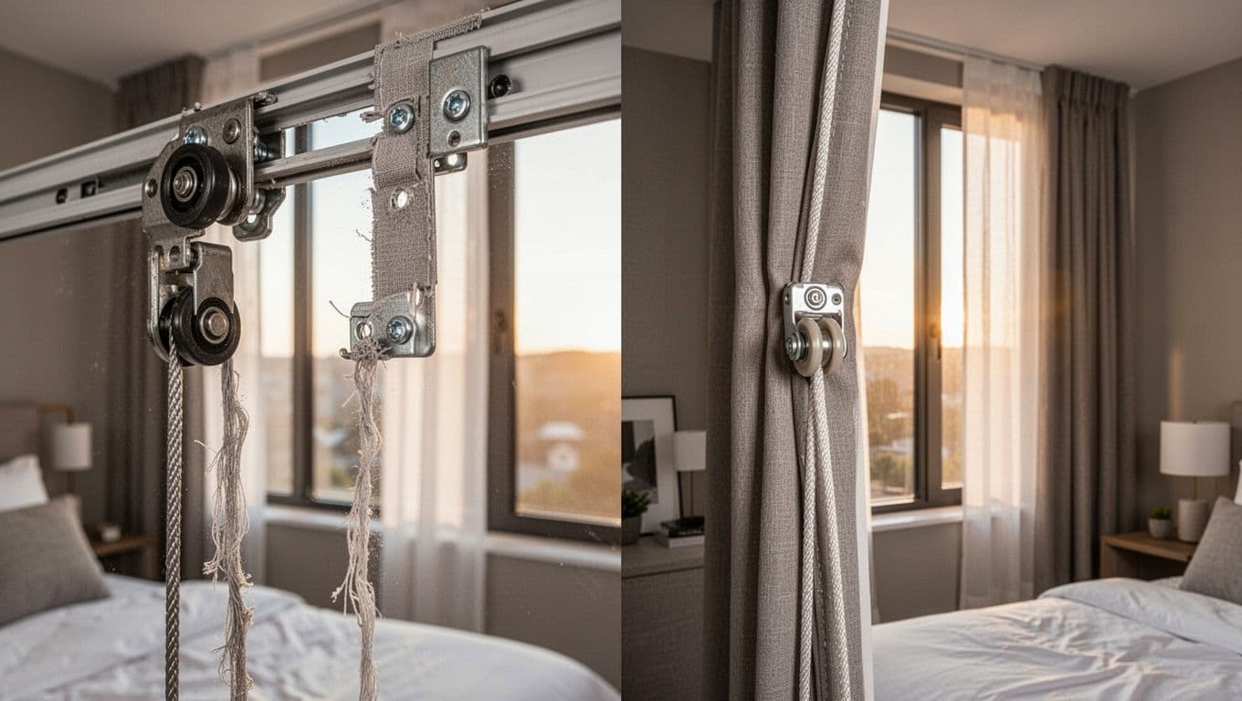 Realistic split-image comparison in a modern bedroom window showing curtain repair: left half with jammed track wheel, loose bracket, and frayed cord; right half with new gliding wheel, tight bracket, fresh cord, and properly aligned fabric.