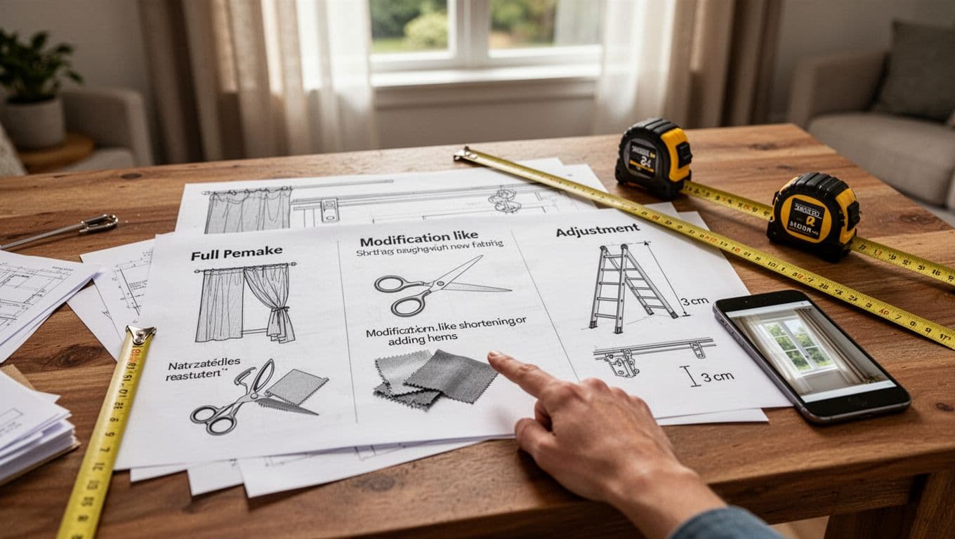 Photorealistic image of a wooden home desk cluttered with papers outlining three curtain repair options: full remake sketch with new fabric icon, modification with hems, and track adjustment. A single hand points to the options list, with a yellow tape measure and smartphone displaying a window photo nearby, set against a blurred living room background with natural daylight.